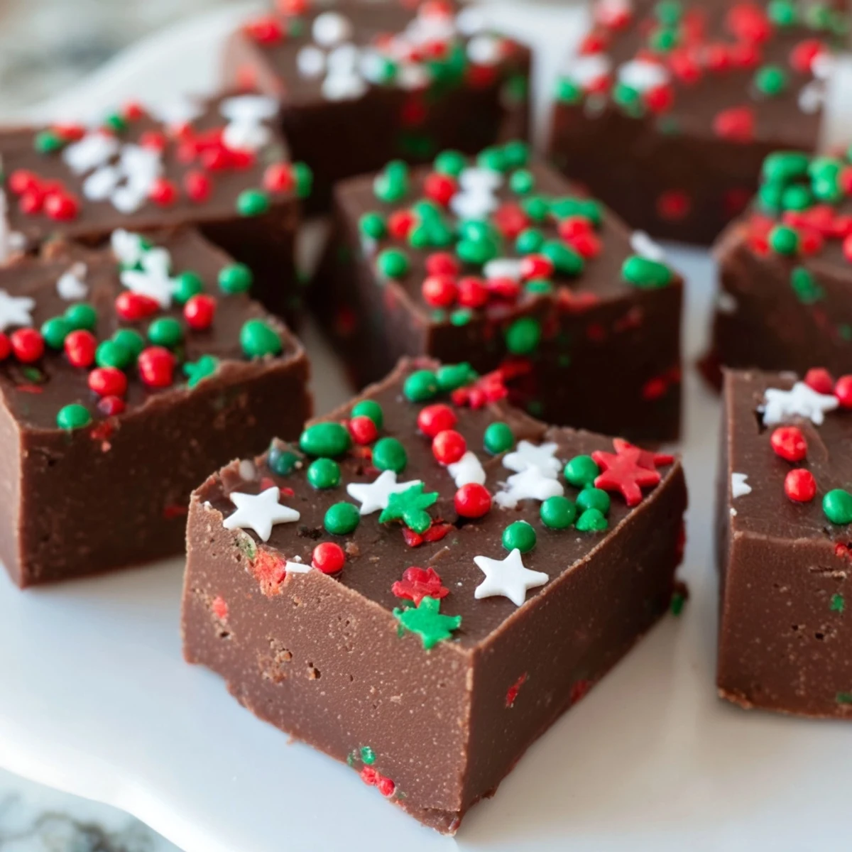 Rich chocolate Christmas fudge with sprinkles glistening under soft holiday kitchen lighting