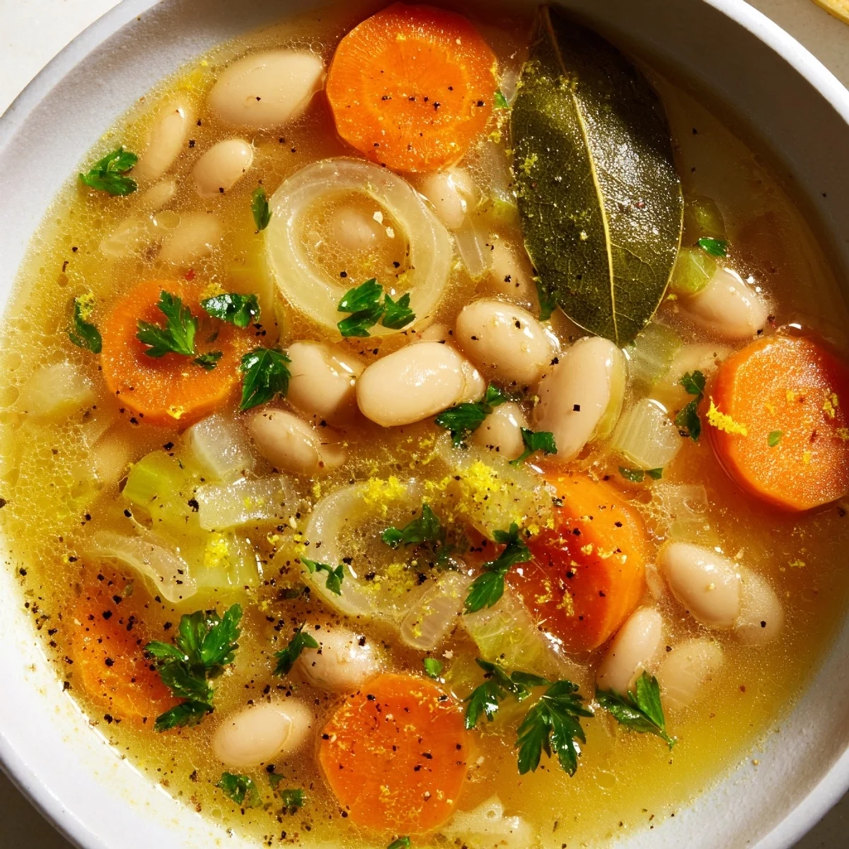 Golden carrot slices and creamy butter beans float in a steaming bowl of brothy carrot butter bean soup topped with fresh parsley.