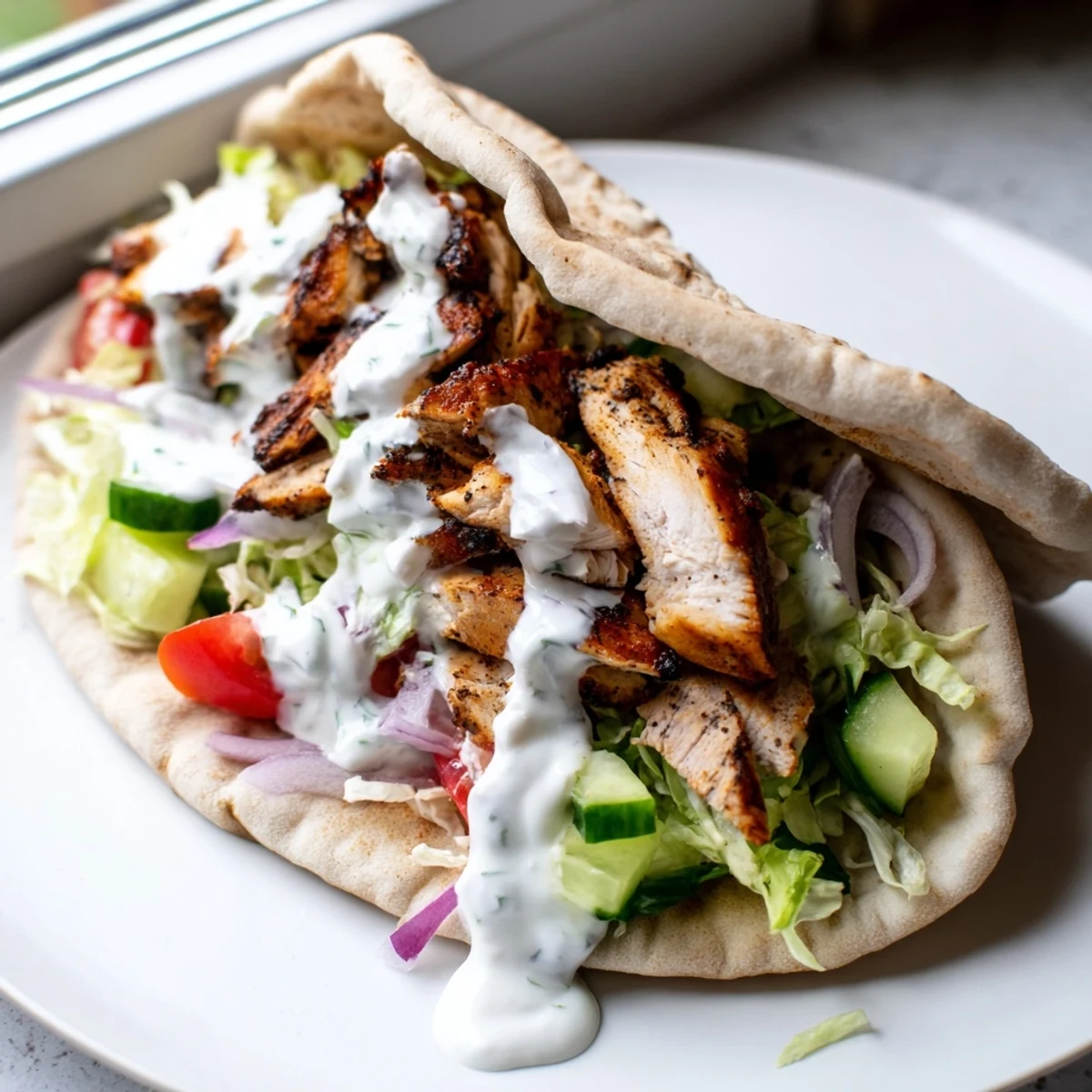 Golden seasoned chicken tucked inside soft pita bread alongside fresh cucumber and tomato