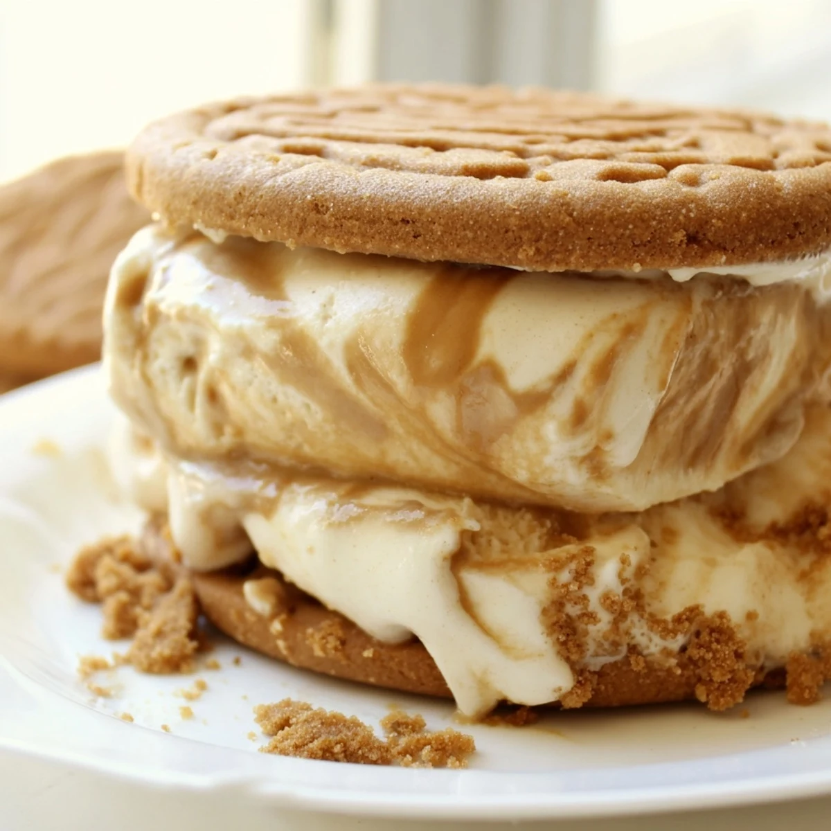 Creamy Biscoff ice cream sandwiches with spiced cookie edges on a rustic wooden board