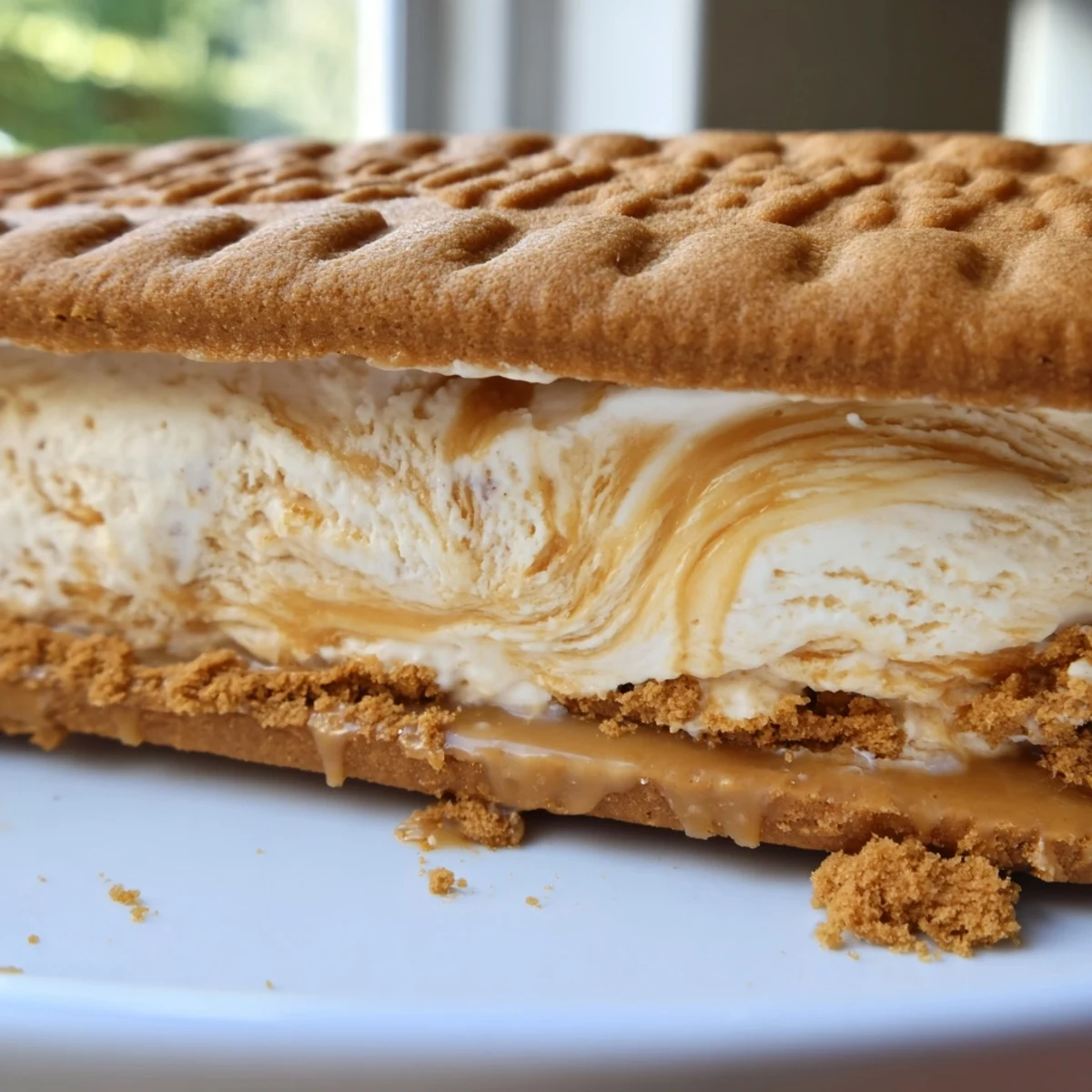 Golden Biscoff cookies hugging swirls of caramel-flavored ice cream topped with cookie crumbs