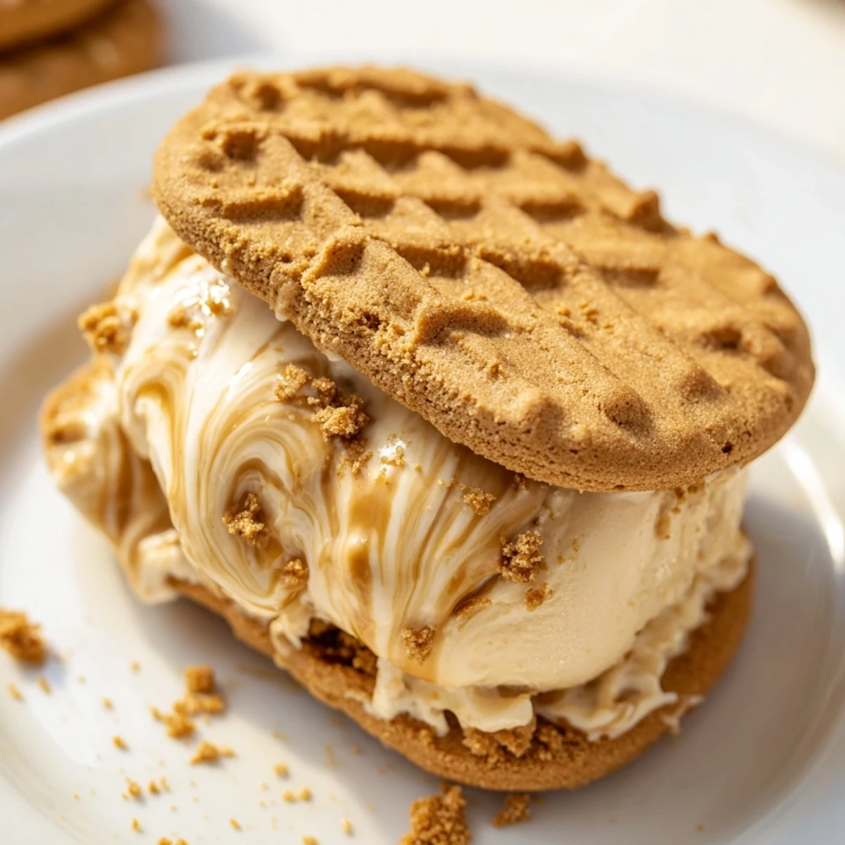 Homemade Biscoff ice cream sandwiches dripping with melted lotus spread and crushed topping