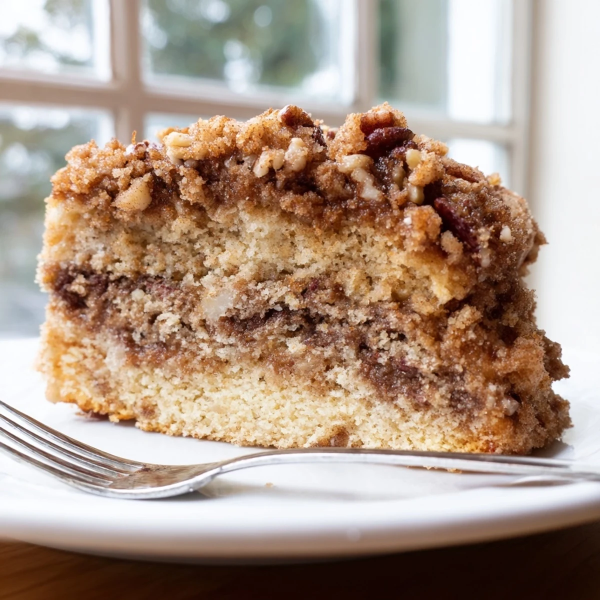 Golden Cinnamon Pecan Crunch Coffee Cake sliced and served on a rustic plate