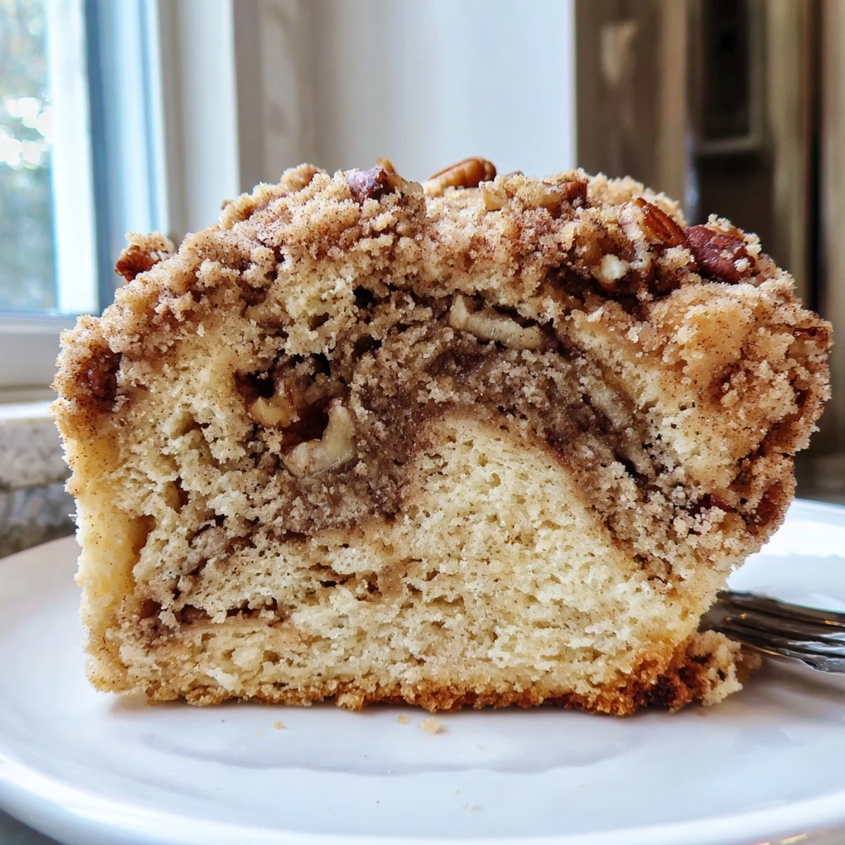 Freshly baked Cinnamon Pecan Crunch Coffee Cake with a crackly streusel topping