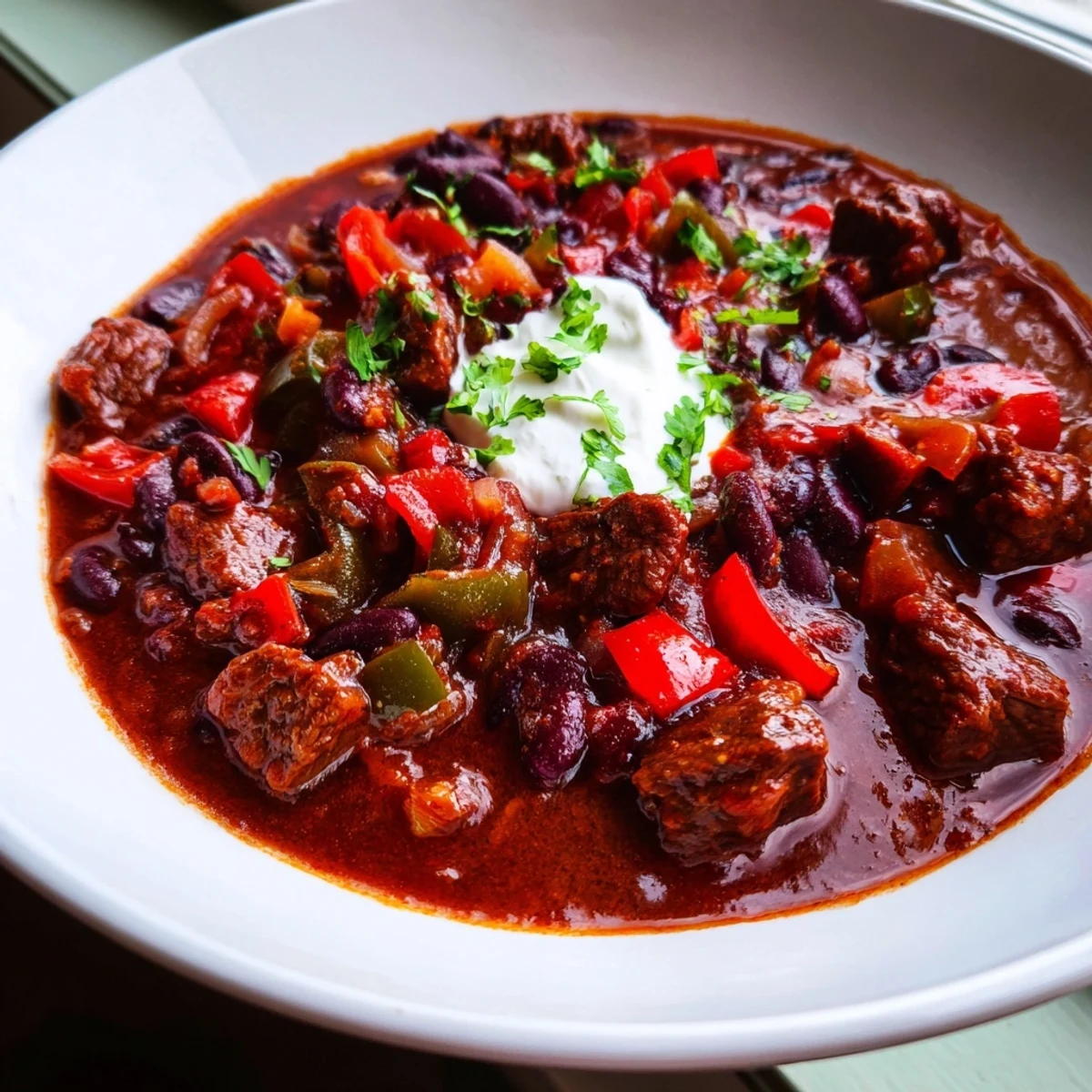 Steaming bowl of beefy chili stew topped with sour cream and fresh cilantro