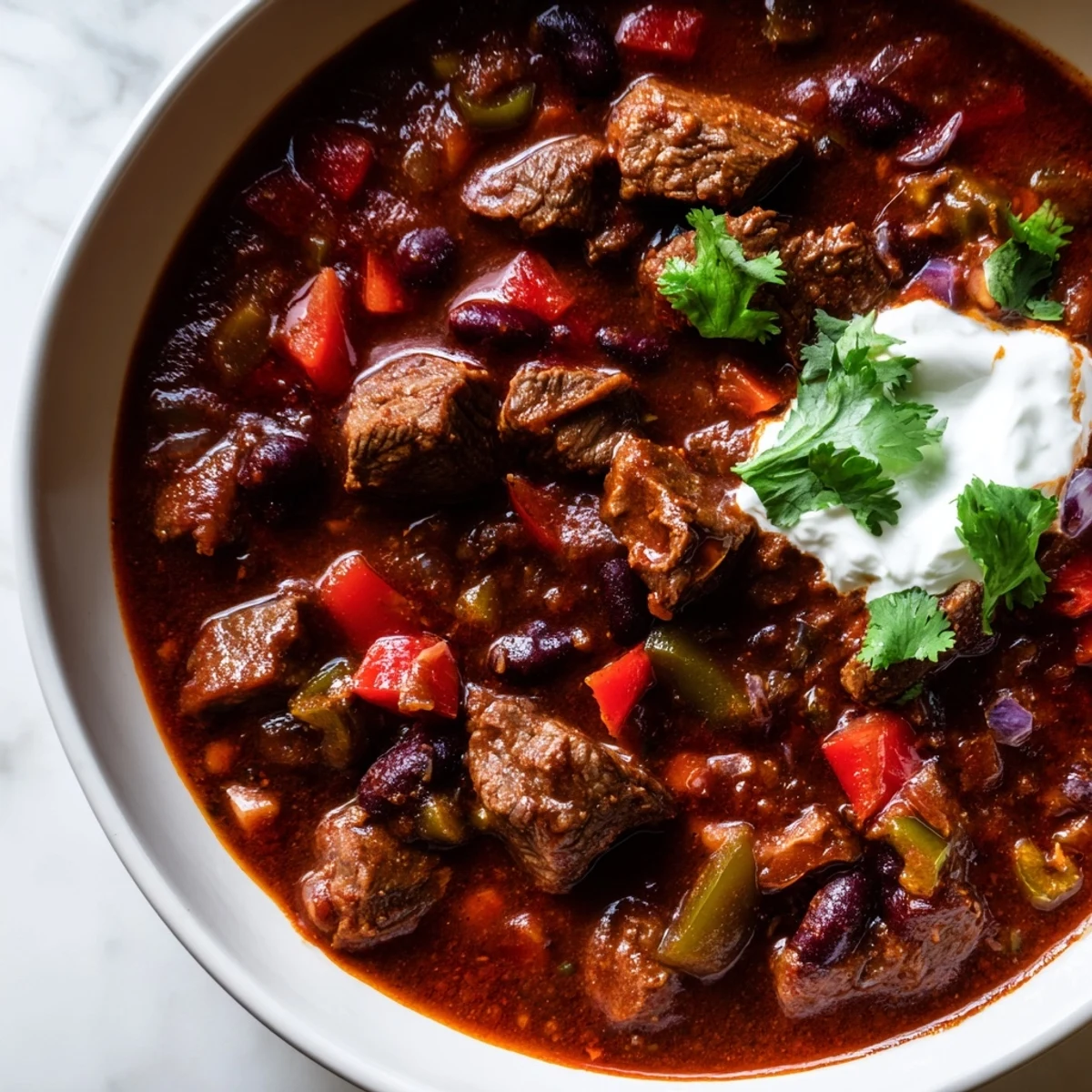 Hearty beefy chili stew served in a rustic bowl with shredded cheese and cornbread
