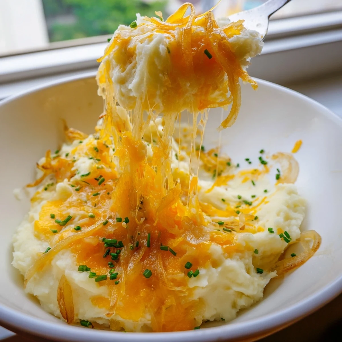 Golden bubbling cheesy onion mashed potato casserole fresh from the oven with melted cheddar on top