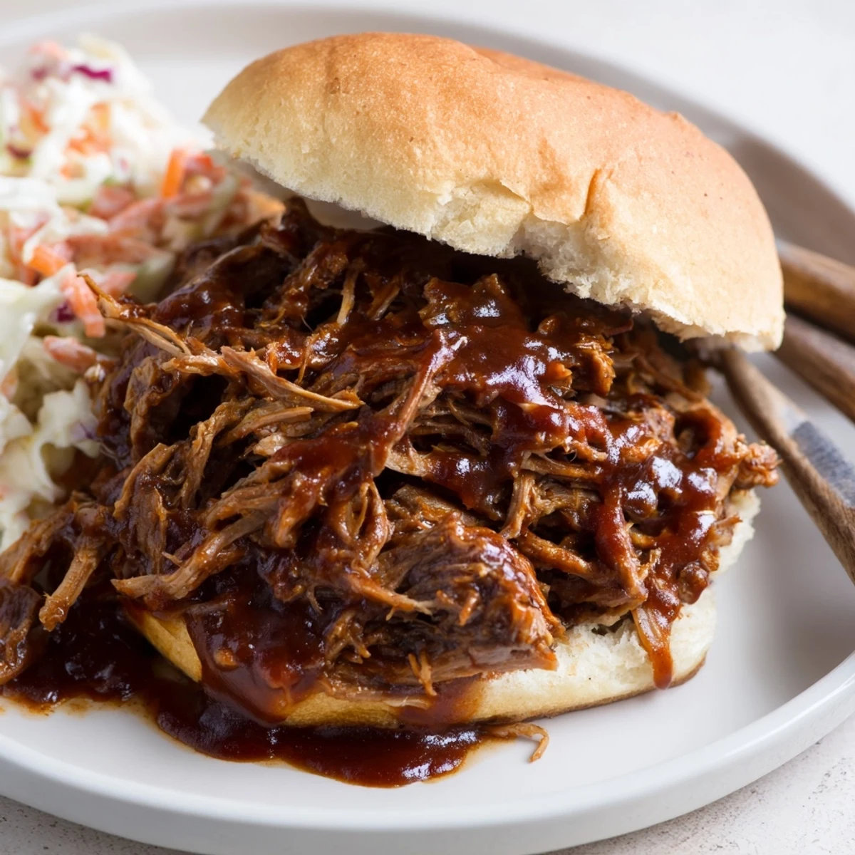 Tender shredded Slow Cooker BBQ Pulled Beef glistening with tangy sweet smoky sauce