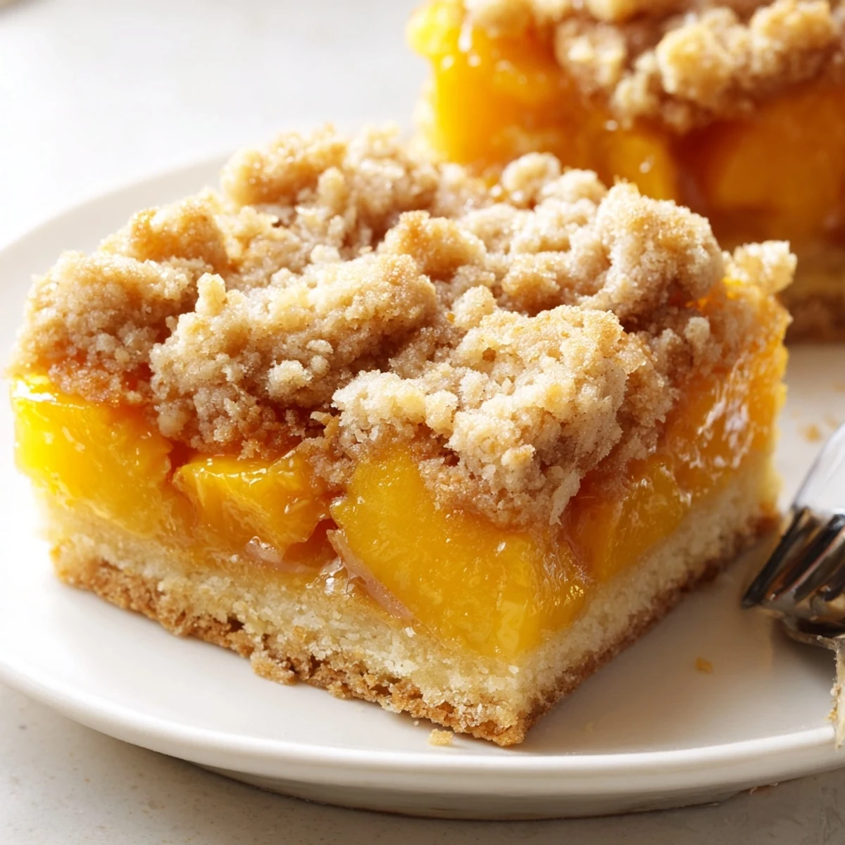 Golden sweet and buttery peach bars with cinnamon streusel topped with vanilla ice cream