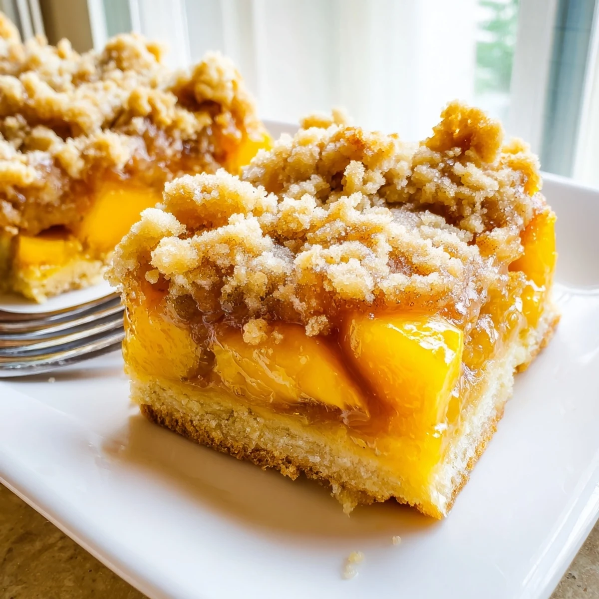 Warm sweet and buttery peach bars with cinnamon streusel cut into gooey squares