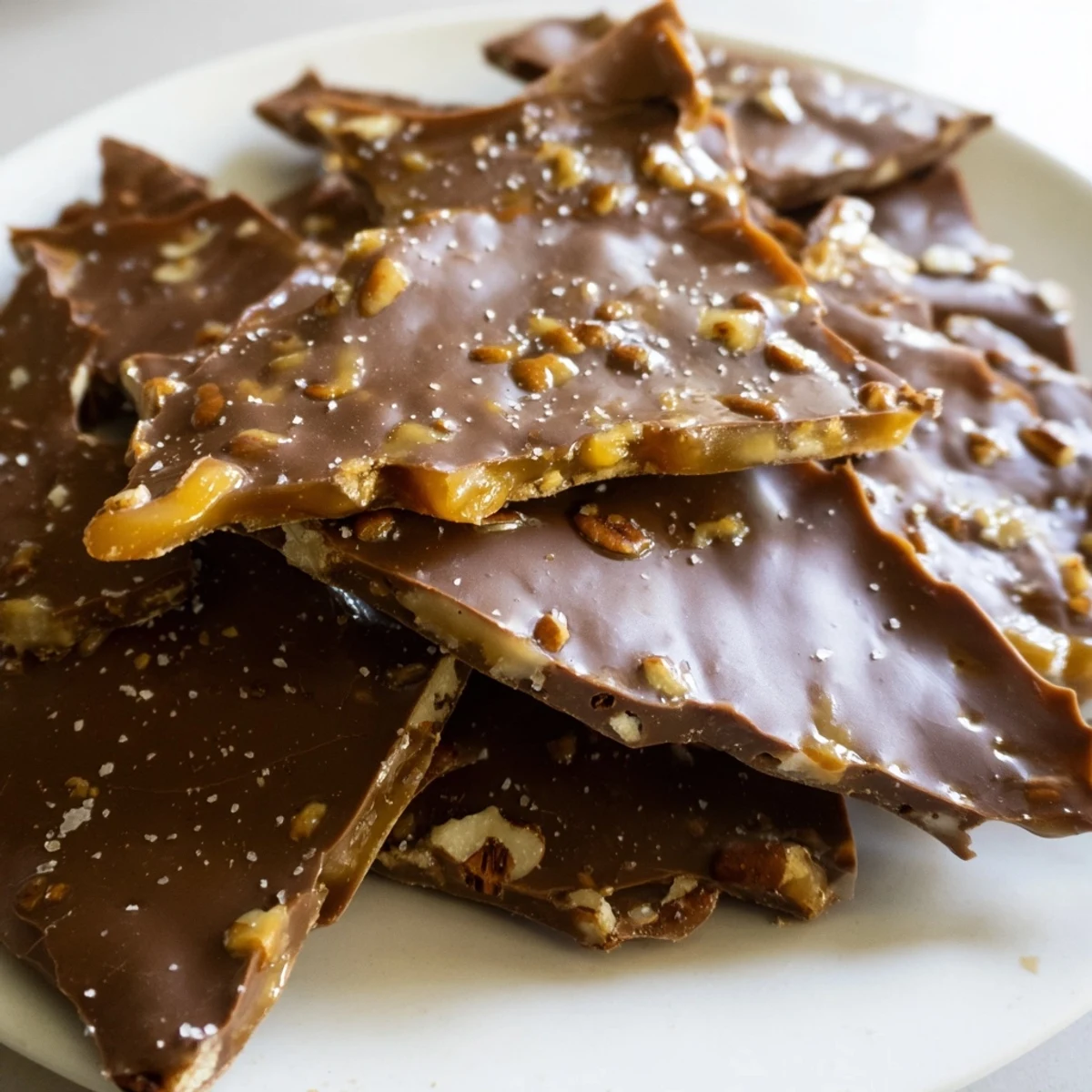 Golden pecan pie bark with gooey caramel and toasted nuts on a parchment-lined baking sheet