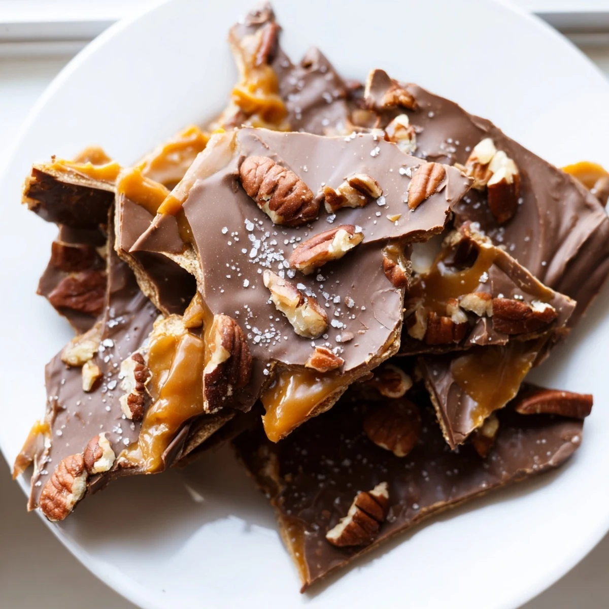 Pecan pie bark broken into rustic shards drizzled with melted semi-sweet chocolate