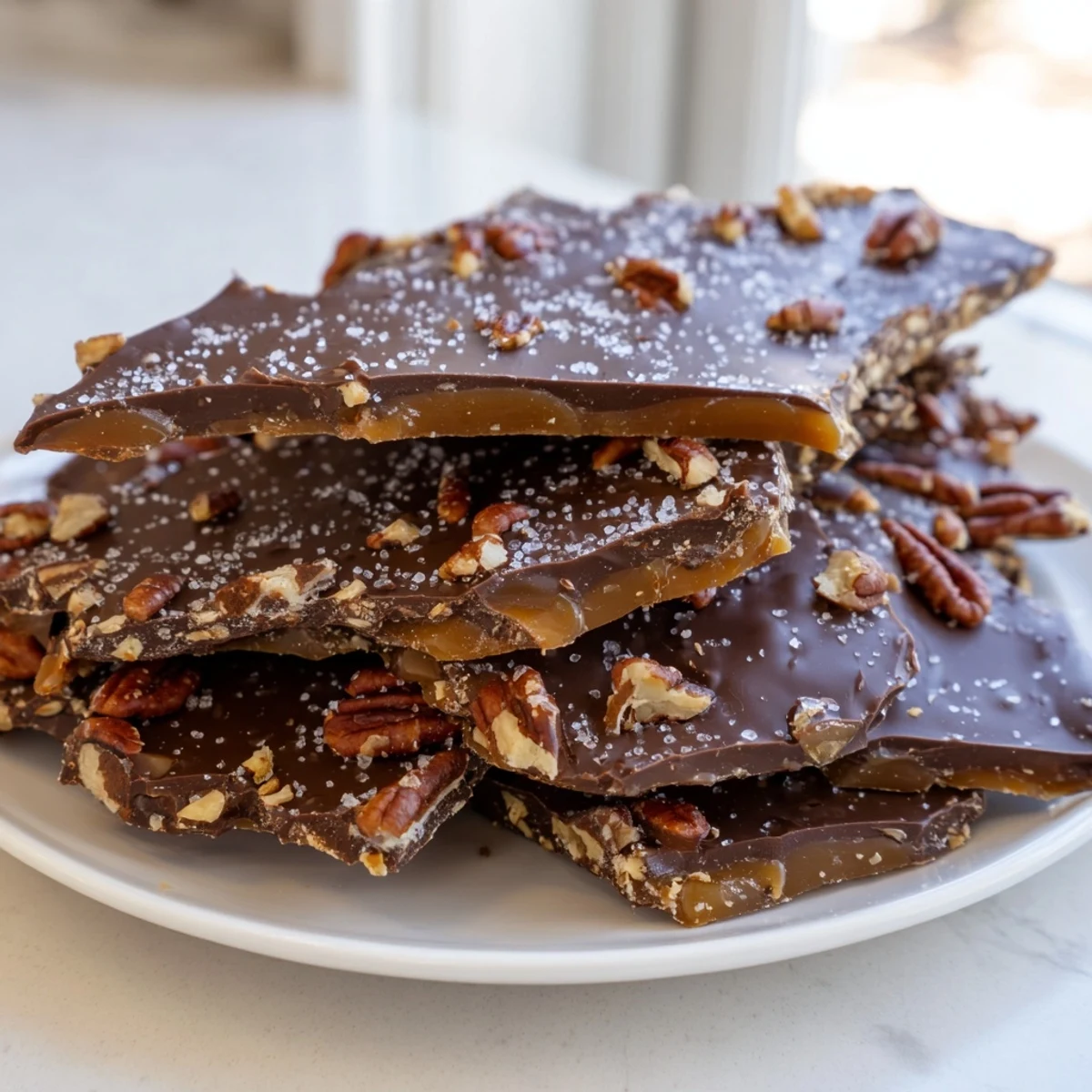 Buttery pecan pie bark topped with roasted pecans and a glossy caramel chocolate coating