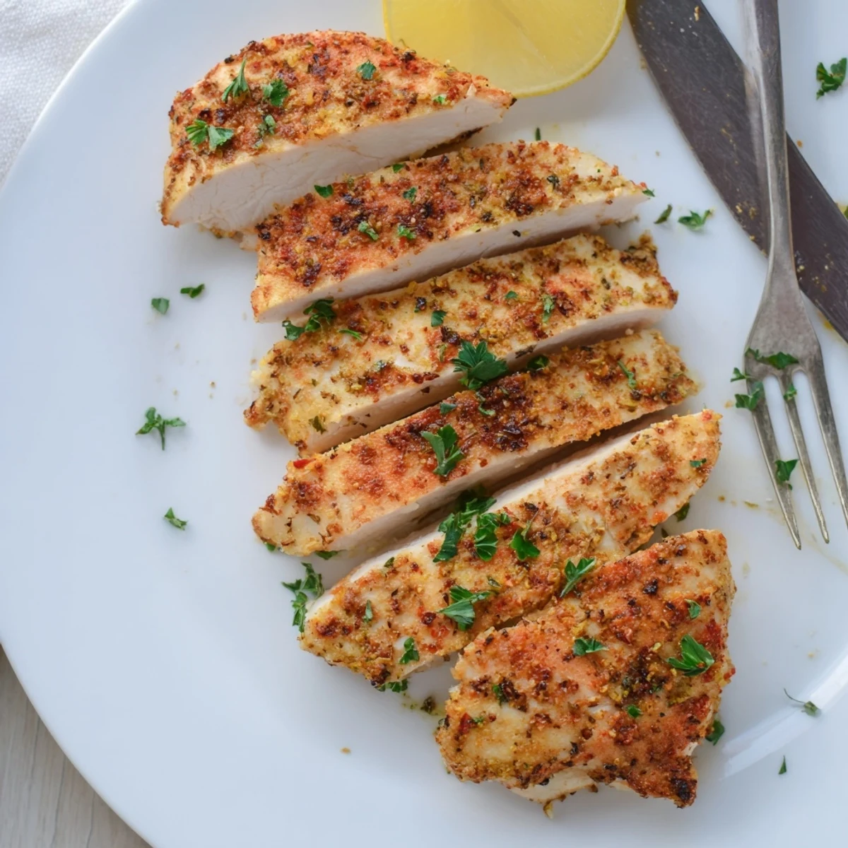 Golden oven baked chicken breasts with herb seasoning on a parchment-lined baking sheet