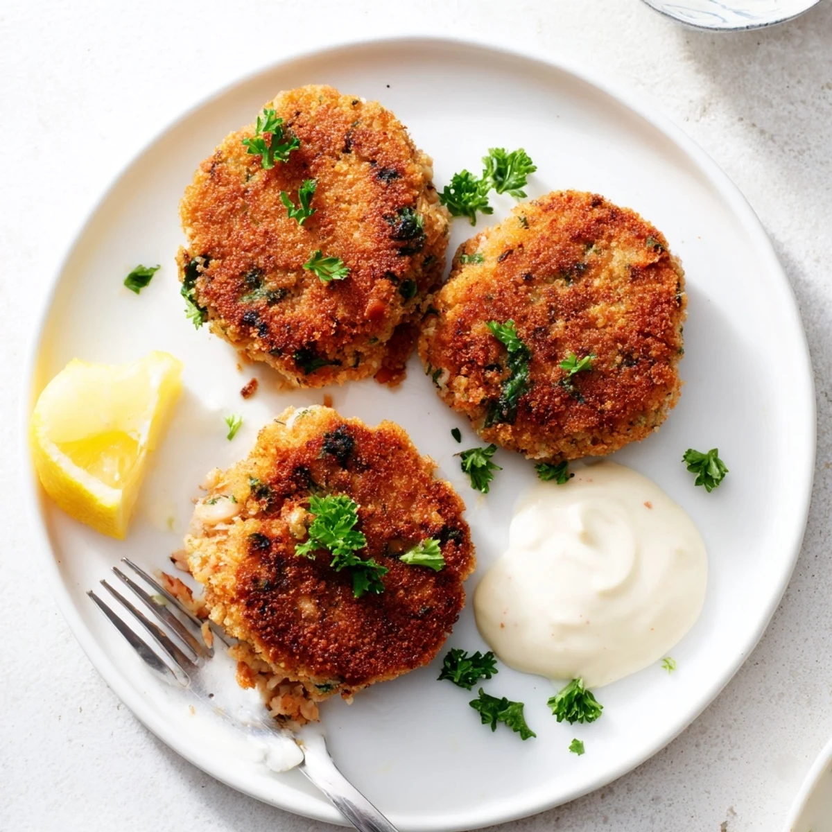 Golden pan-fried lemon garlic Alaska salmon cakes drizzled with creamy homemade aioli on a rustic plate