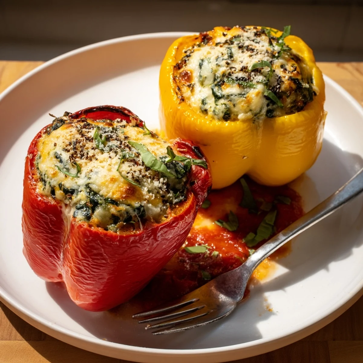 Creamy ricotta stuffed peppers garnished with basil and served on a rustic plate