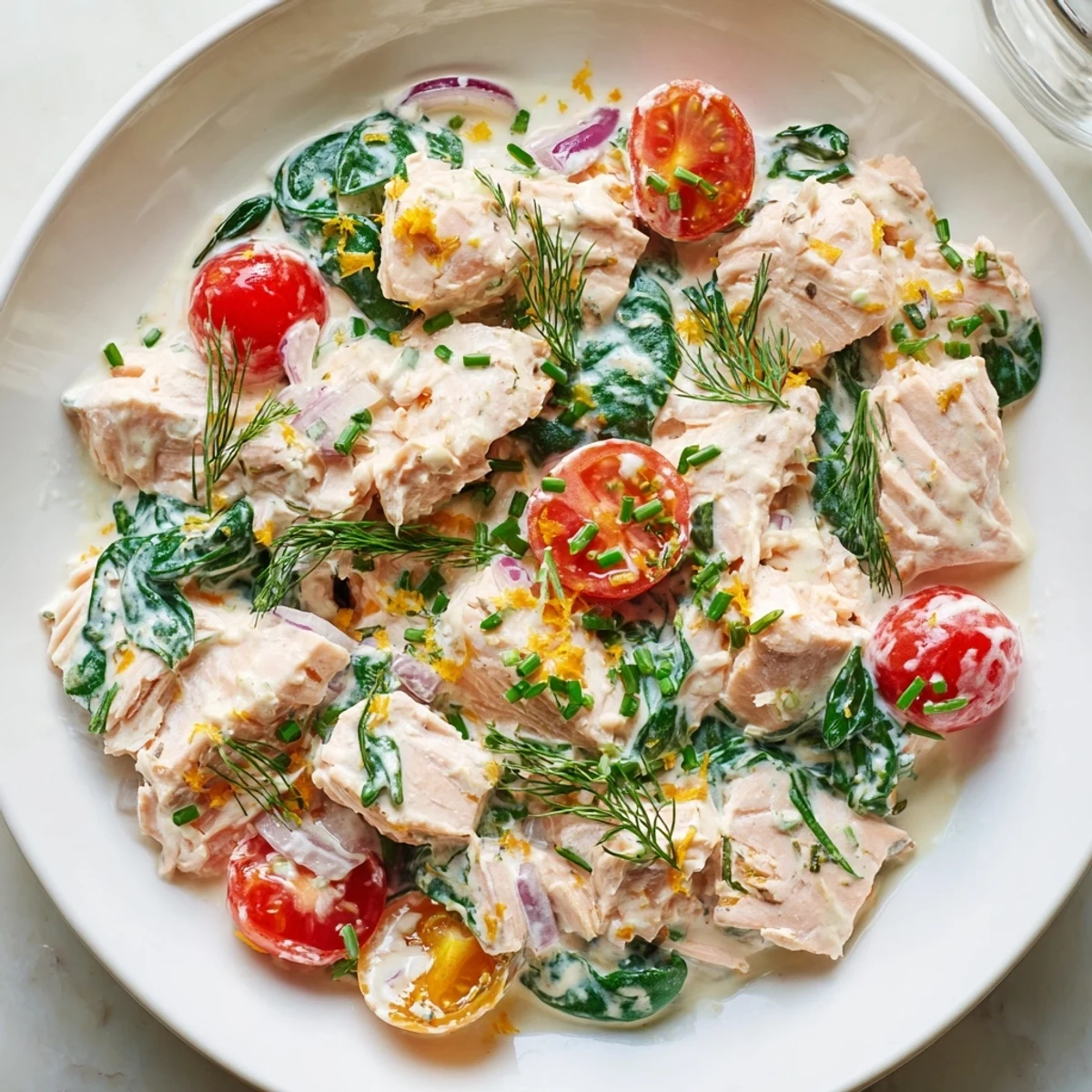 A steaming bowl of healthy creamy leftover salmon recipe topped with chopped chives and wilted spinach