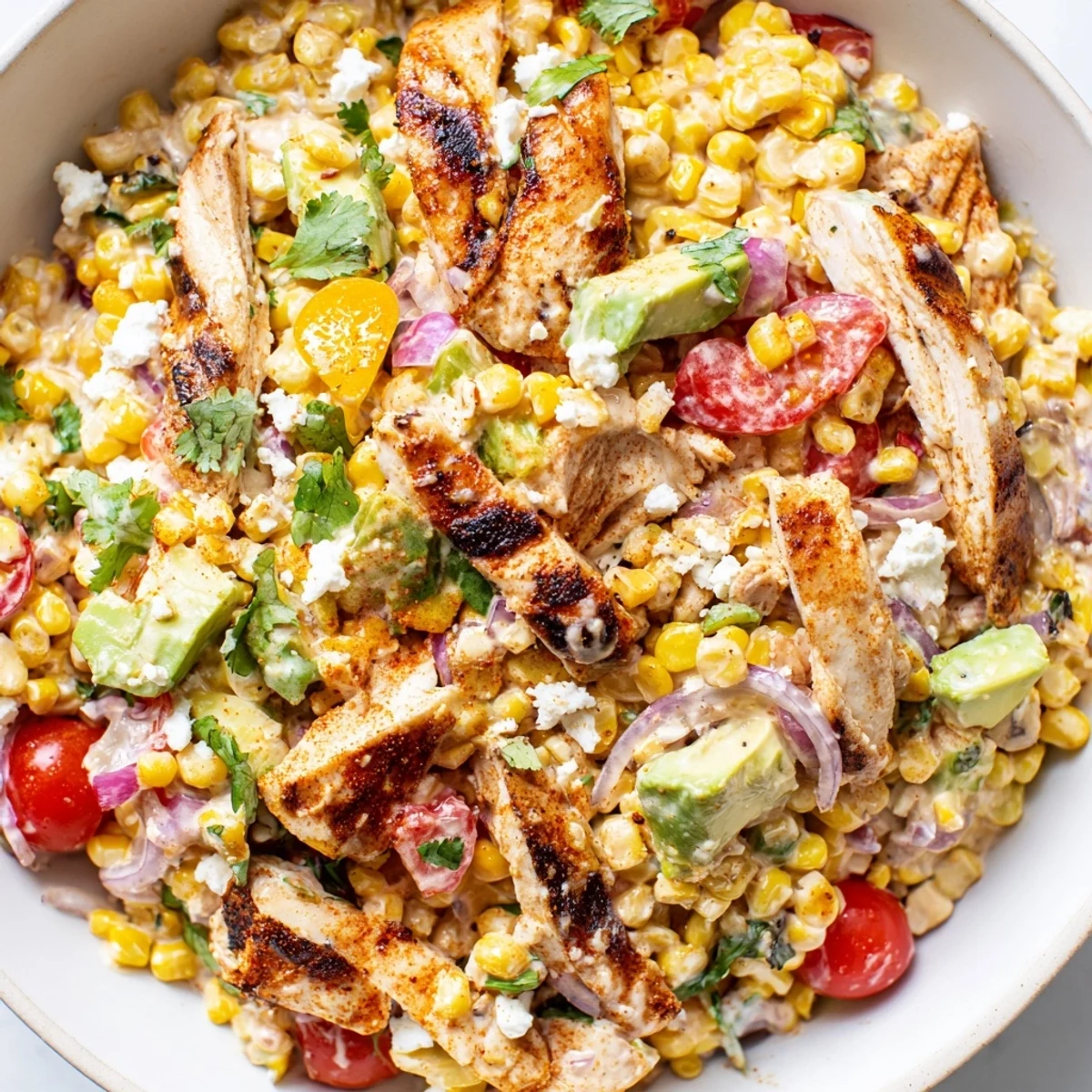 Grilled chicken street corn salad loaded with charred kernels avocado and juicy sliced chicken
