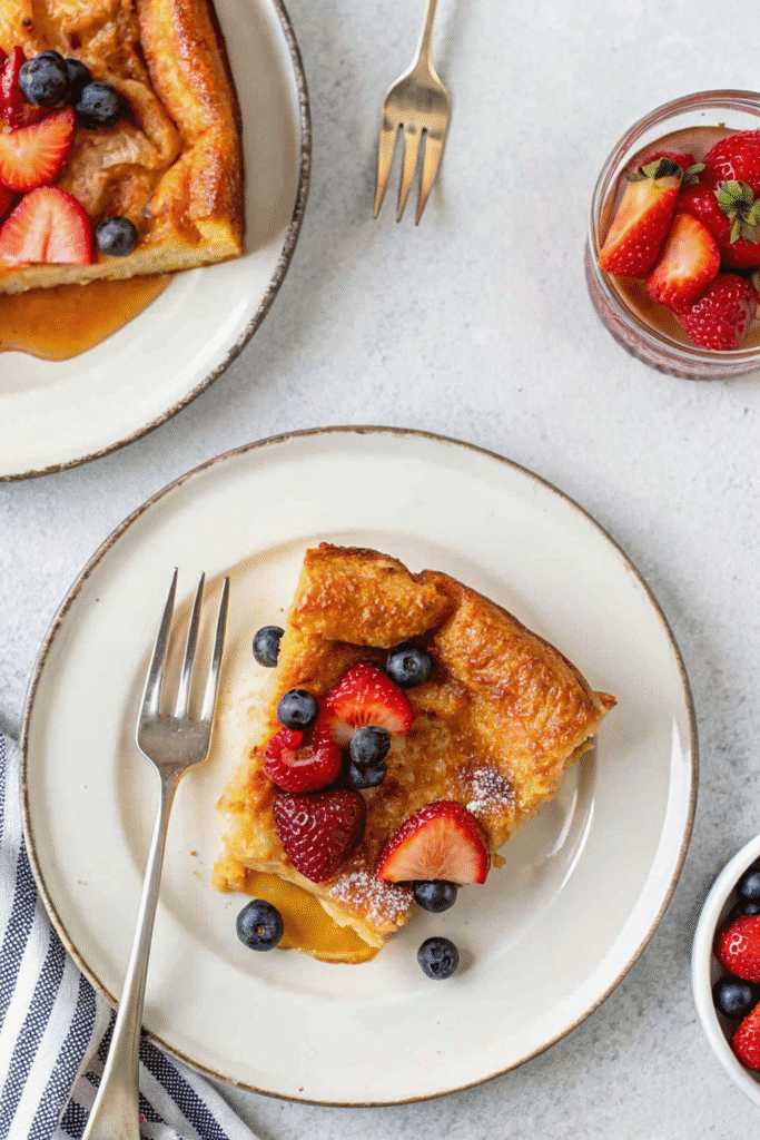 Gluten free Dutch baby pancake with berries on table