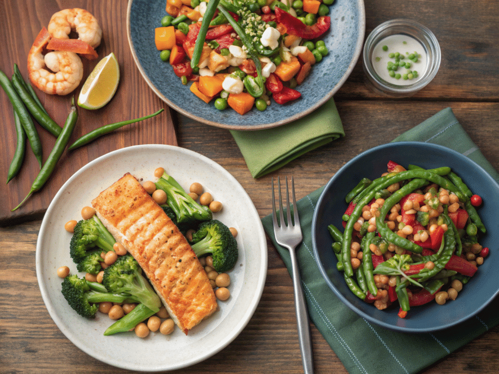 Three quick and healthy dinner plates on a table