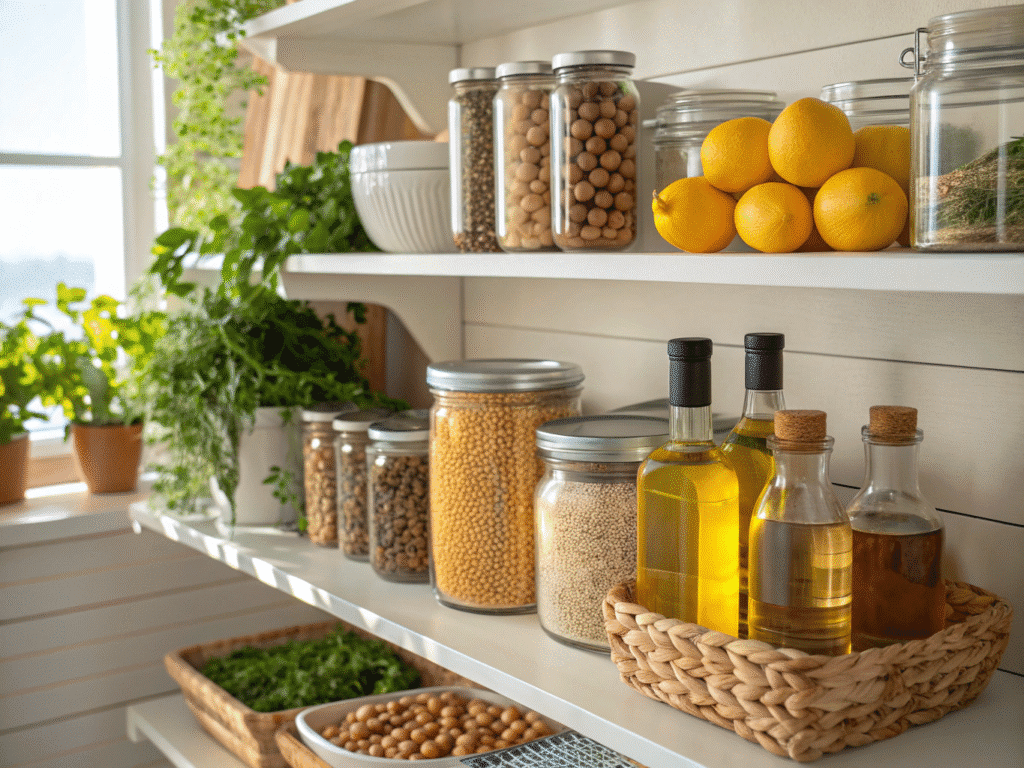 Pantry stocked with healthy quick-cooking staples