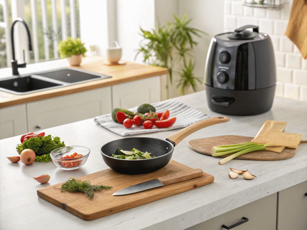 Kitchen tools and fresh vegetables ready for cooking